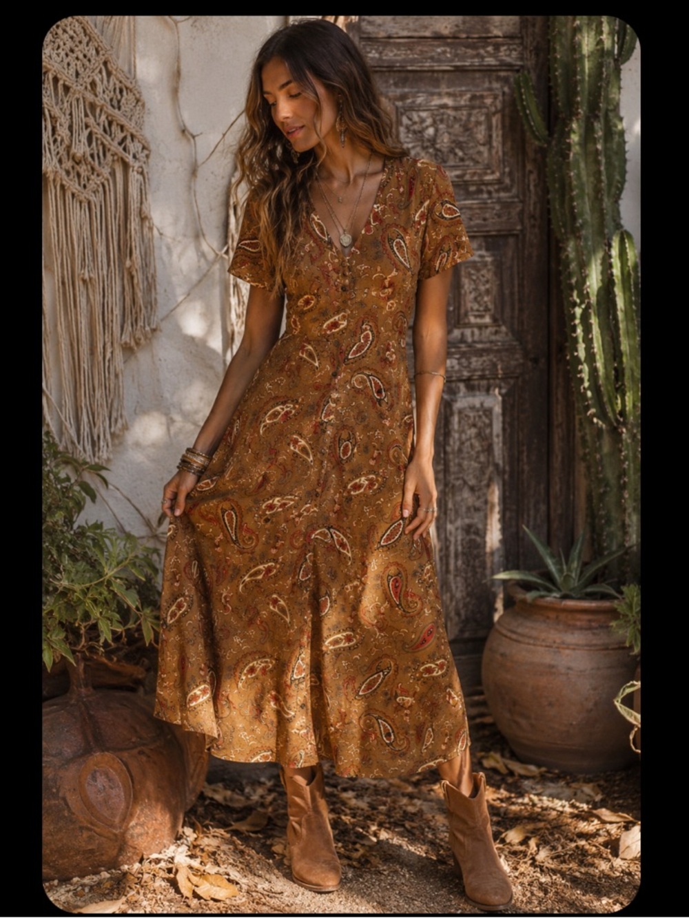 EMMA JAMES 100% Silk Brown Paisley Button Down Midi Dress Size 6